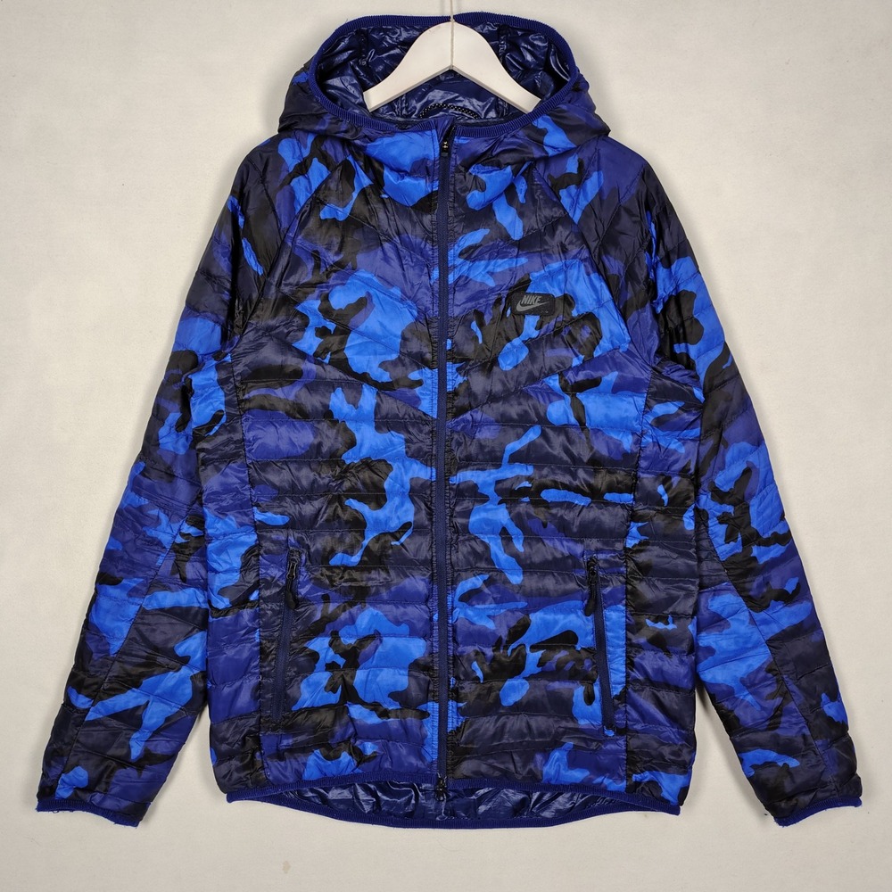 Nike Hooded Quilted Puffer Jacket Blue Camo Full Zip Lightweight Insulated M